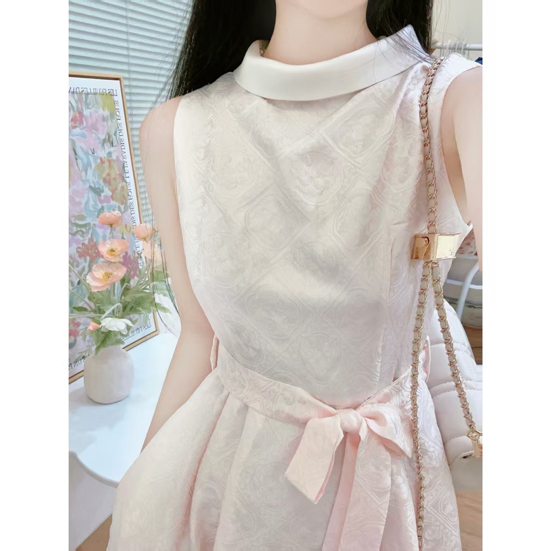 Sycamore and Moon | Light Cream | LAOSHU Dark Pattern Rayon Jacquard Pink A-Line Waist-Cinching Peter Pan Collar Dress Sycamore and Moon | Light Cream | LAOSHU Dark Pattern Rayon Jacquard Pink A-Line Waist-Cinching Peter Pan Collar Dress