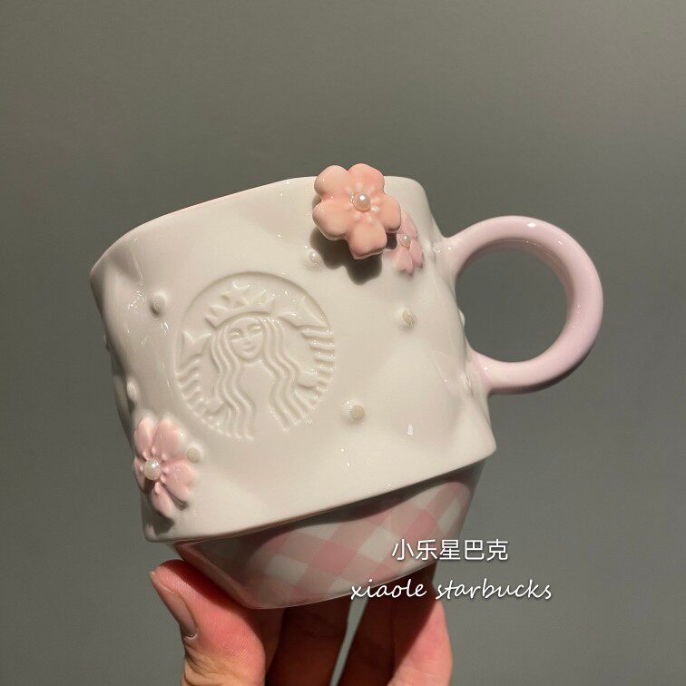 термос 星巴克樱花杯子2021粉白金樱花圆饼包马克玻璃杯吸管保温随行水杯