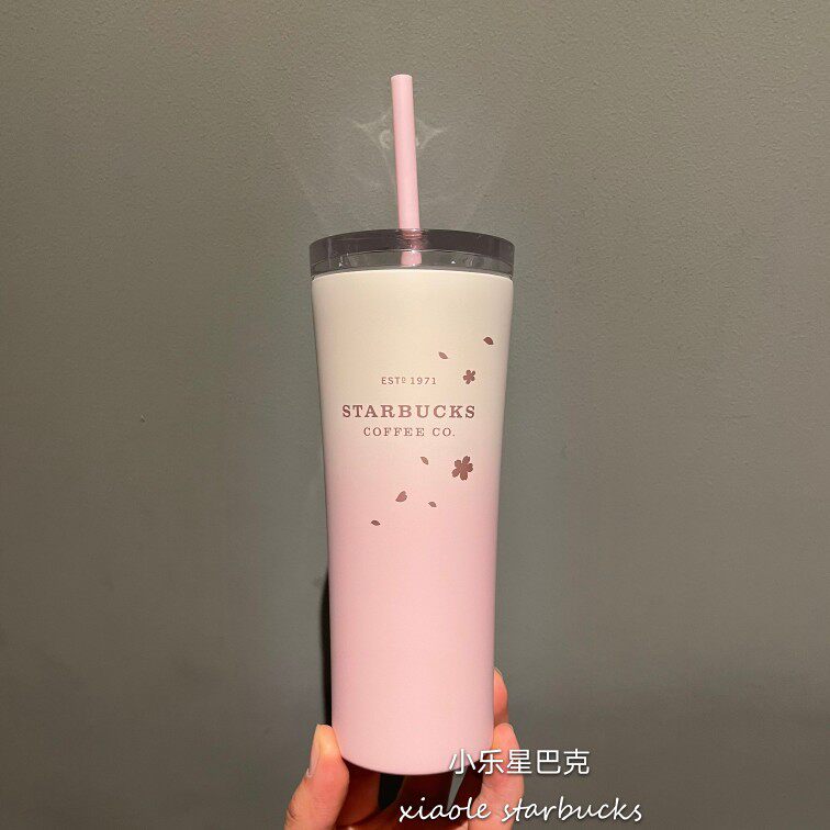 термос 星巴克樱花杯子2021粉白金樱花圆饼包马克玻璃杯吸管保温随行水杯