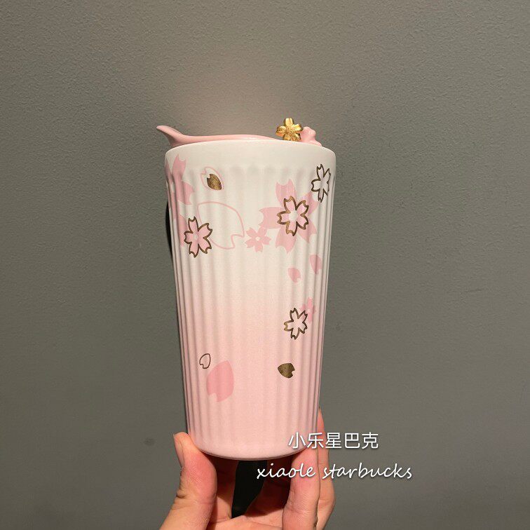 термос 星巴克樱花杯子2021粉白金樱花圆饼包马克玻璃杯吸管保温随行水杯