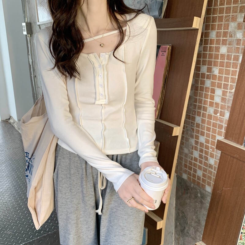 White knit cardigan T-shirt female spring new design sensation small crowdsourced inner hitch long sleeve undershirt spring money-Taobao
