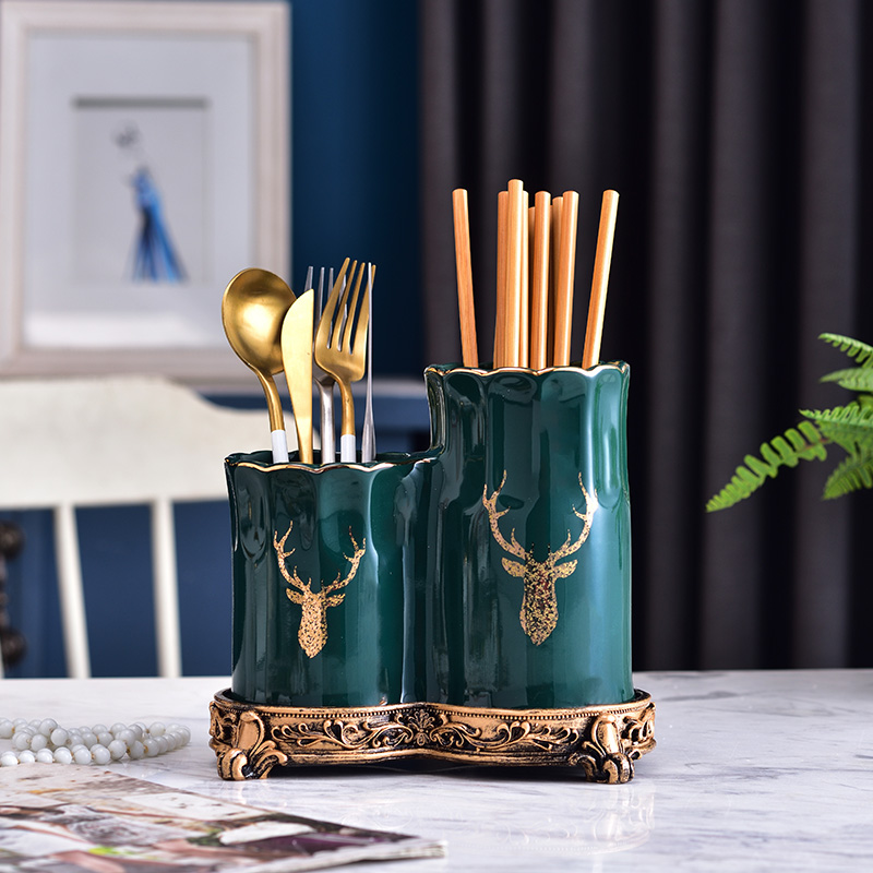Nordic ceramic chopsticks barrel green double-layer drain anti-mildew chopsticks basket retro household spoon storage drain rack European style