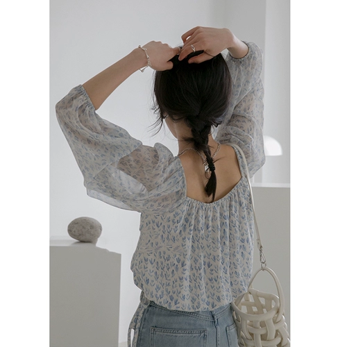 Ретро шифоновый тонкий свежий короткий корсет, французский ретро стиль, рукава фонарики, короткий рукав, цветочный принт, квадратный вырез