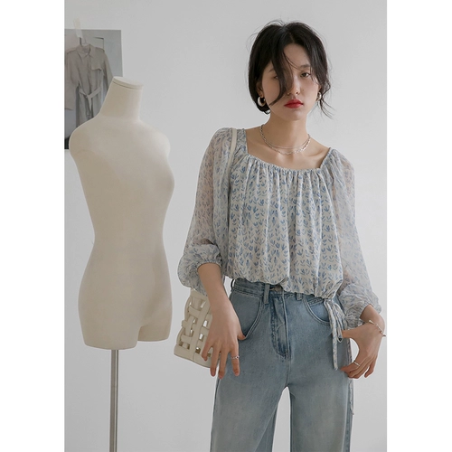 Ретро шифоновый тонкий свежий короткий корсет, французский ретро стиль, рукава фонарики, короткий рукав, цветочный принт, квадратный вырез