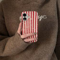 iPhone에 적합한 일본 및 한국인 레드 스트라이프 한국 휴대 전화 케이스 사과 15/13/14 Huawei Mate70 Big Hole Vivo Xiaomi 15oppo redmi K80 여성 영광 300
