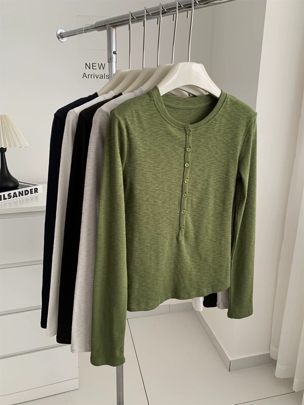 Korean Style Henry Collar Long-Sleeve T-Shirt for Women, Stretchy, Versatile, Slimming, Suitable for Layering, Autumn and Winter, Brightening, Vintage, Elegant Base Shirt for Women