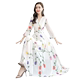 White elegant long skirt with elegant waist and thin long summer floral three-quarter-sleeved chiffon big swing dress for women spring and autumn