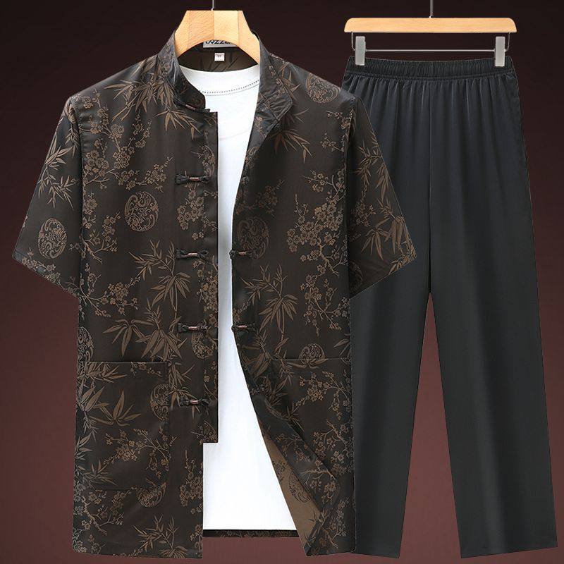 Chinese-Style Xiangyun Silk Tang Suit for Men, Summer Short-Sleeve Shirt for Middle-Aged and Elderly, Dad's Hanfu, Grandpa's Casual Retro Set
