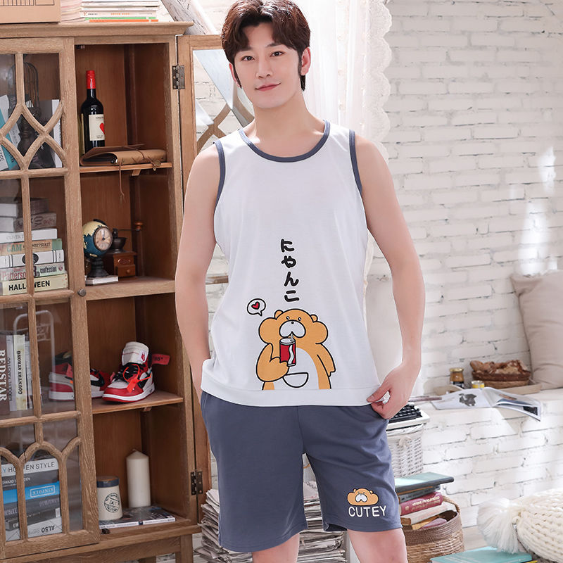 quần short vest không tay bông đồ ngủ mens mùa hè mens quần áo nhà mùa xuân và mùa hè bộ mùa hè cộng với mã bông mỏng.