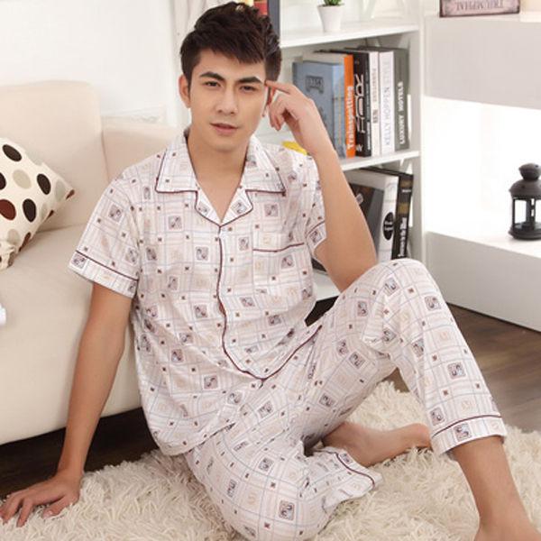 Mùa hè quần ngắn tay bông trung niên mens pajama đồ ngủ mặc symmy bộ mens nhà hai mảnh bộ.