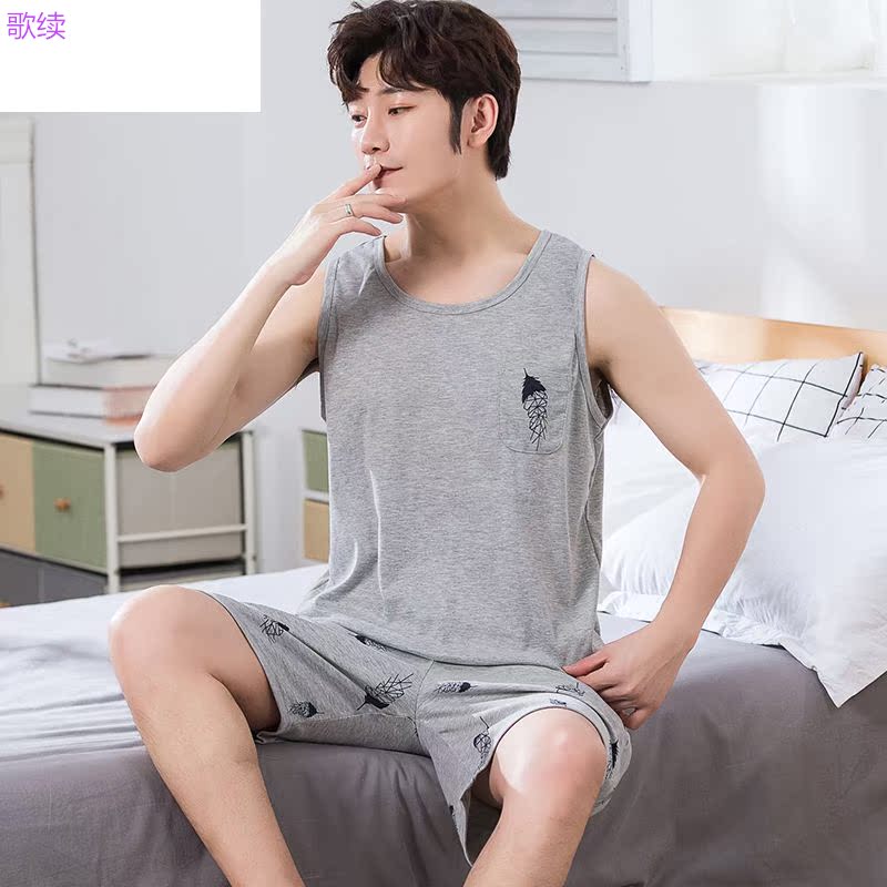 quần short vest không tay bông đồ ngủ mens mùa hè mens quần áo nhà mùa xuân và mùa hè bộ mùa hè cộng với mã bông mỏng.