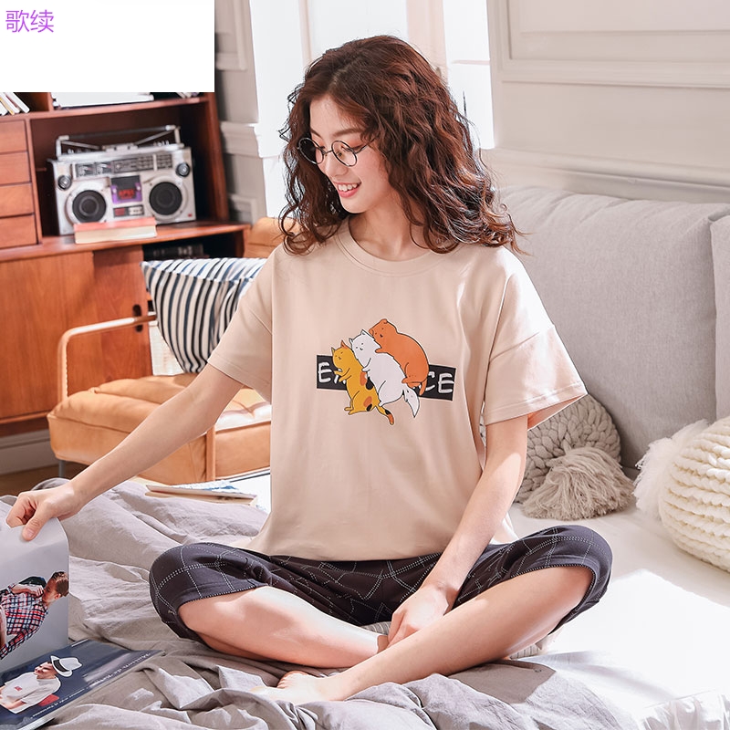 . Pyjama phù hợp ngắn womens mùa hè ngắn tay áo chùng dòng bông lớn phụ nữ kích thước lỏng lẻo có thể mặc quần áo về nhà.