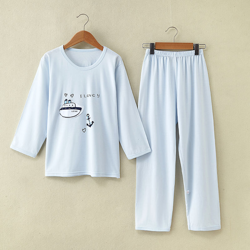 Childrens pajama set mùa hè sợi mỏng tre dài tay điều hòa không khí quần áo bé trai quần áo nhà trai và chàng trai trẻ trung niên.