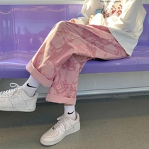 Bear casual sports pants womens 2021 new spring and autumn straight tube loose and thin wide-leg pants high street ins tide