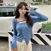 Irregular long-sleeved knitted sweater womens autumn 2021 new hot girl style slim fit and thin oblique button cardigan t-shirt top