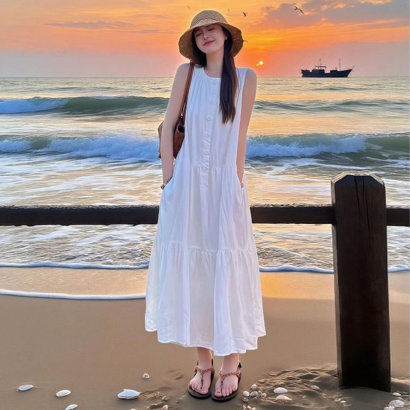White Sleeveless Dress for Women for Summer Beach Vacation, Round Neck, Single-Breasted, Loose, Flared, Tiered Long Dress, Elegant Dress White Sleeveless Dress for Women for Summer Beach Vacation, Round Neck, Single-Breasted, Loose, Flared, Tiered Long Dress, Elegant Dress
