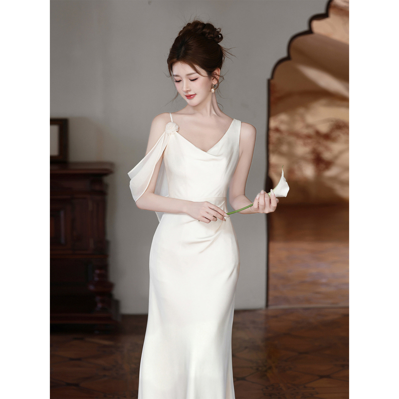 White Satin Engagement Dress, Stunning Mermaid Style, Elegant Light Wedding Dress, Bridal Robe, Bride's Registration White Dress, Summer White Satin Engagement Dress, Stunning Mermaid Style, Elegant Light Wedding Dress, Bridal Robe, Bride's Registration White Dress, Summer