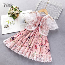 Girls summer suit 2021 new foreign style childrens clothes little girl short-sleeved lace two-piece chiffon dress