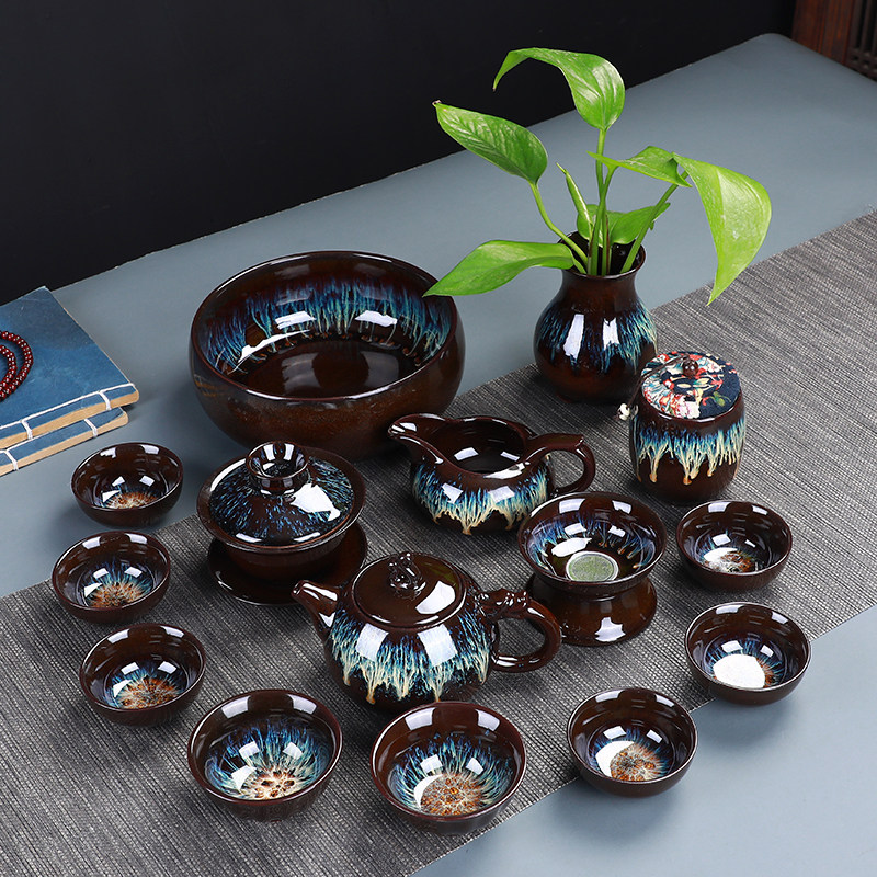 Kiln change Tianmu Glaze Kung Fu tea set Sha Jinjun Kiln ceramics Portable travel cover bowl Teapot Jianzhan Tea Maker