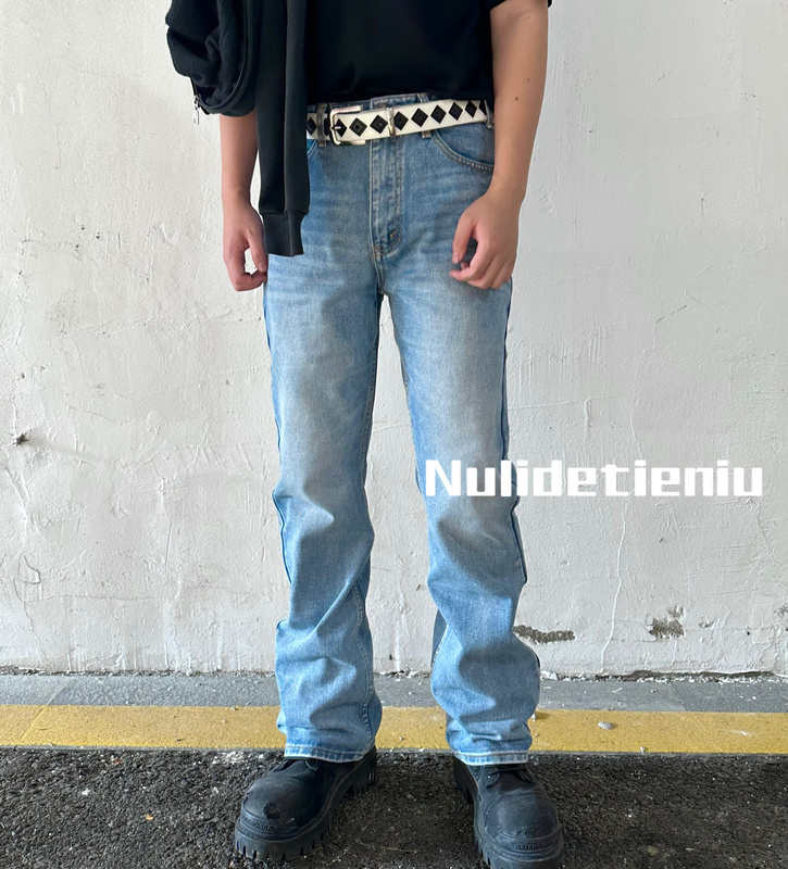 Tie Niu's Vintage 517 Style Micro-Flared Ice Blue Jeans, Clean Fit Style, Distressed Retro Jeans