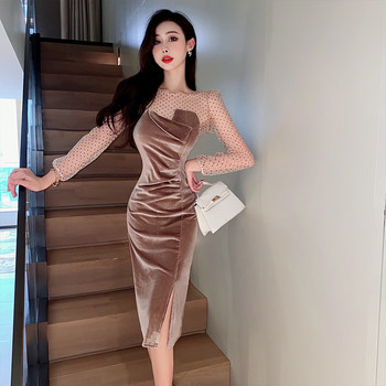 2022 autumn and winter new Korean version mesh polka dot velvet dress French sexy waist slit bottoming long skirt