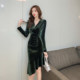 2022 autumn and winter new Korean version elegant dark green pleated irregular long-sleeved slim party gold velvet dress