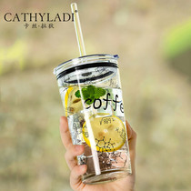 Cathyladi Net red suction tube Cup female high-value large-capacity household glass heat-resistant printing straight drinking water Cup