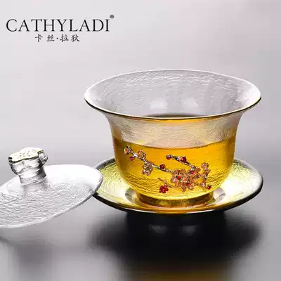 Cathyladi kung fu tea set three-cap bowl heat-resistant thickened household simple set Tin Flower tea anti-scalding tea cup
