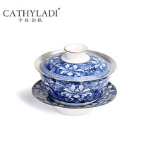 Cathyladi household blue and white porcelain three-top bowl handmade gilt silver ceramic kung fu tea cup tea set Single Pack