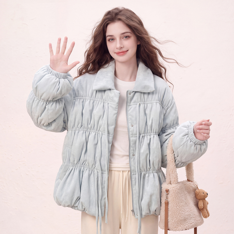 Light Blue Cute Youthful Design Flower Bud down Jacket for Women 2026 Winter New Korean Style Turn-Down Collar Warm Coat
