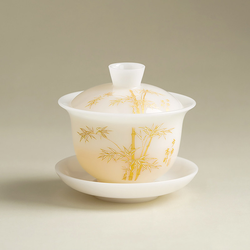 Jade Ice Porcelain Three-Piece Gaiwan Set, Non-Hot Tea Bowl with Lid, Single High-End Home Use Kung Fu Tea Set