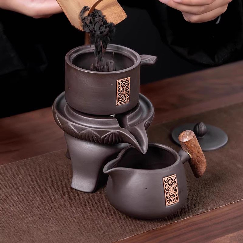 Purple Clay Lazy Tea Set for Home Use, Stone Grinding Rotating Automatic Tea Brewing Pot, Kung Fu Teapot, Tea Cup Gift Box Set for Gifting