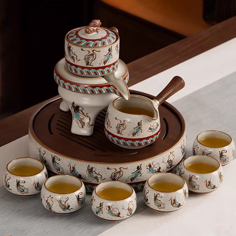 Новый автоматический чайный сервиз Dunhuang Feitian, набор бытовой печи Ru, ленивый чайный артефакт, высококачественный керамический чайный поднос, чашка для чая