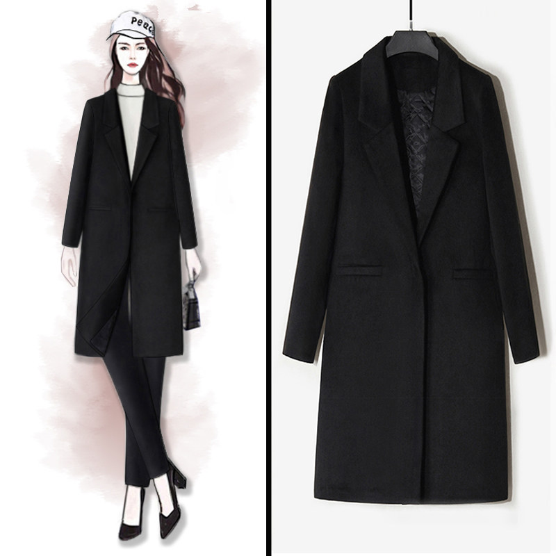 Black woolen coat women's mid-length version 2022 autumn and winter new cashmere thickened and cotton professional suit woolen coat