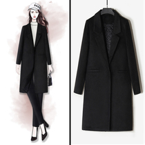 Black woolen coat womens mid-length 2020 autumn and winter new cashmere thickened cotton professional suit woolen coat