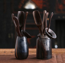 Black pottery tea ceremony accessories tea art combination ceramic kung fu tea set ebony wood six gentlemen set Tea Needle clip tea bucket