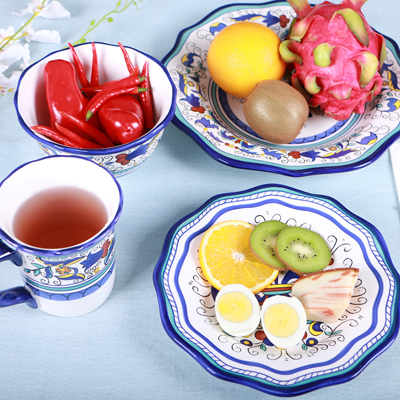 Household Ceramic Western-Style Dinnerware Set, Hand-Painted European-Style Tableware, Noodle Bowl, Dish Plate, Steak Plate, Water Cup, Cup, Salad Bowl