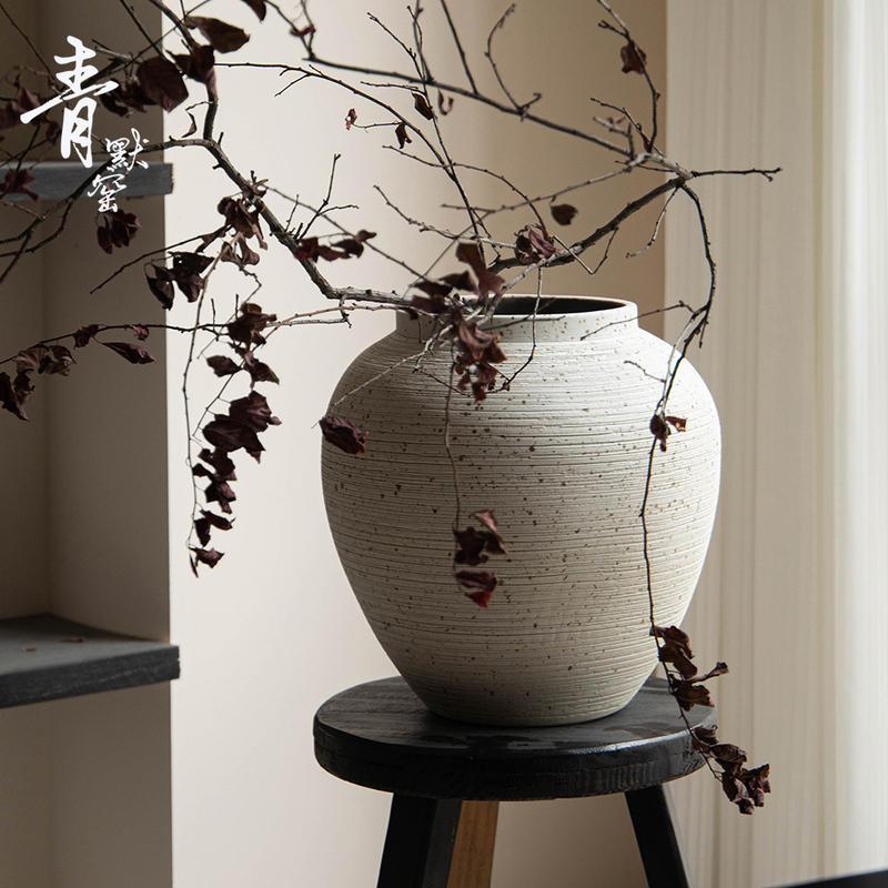 New Chinese-Style Modern Minimalist White Vase, Cream Wabi-Sabi Style, Large Tabletop Rustic Pottery Jar with White Ink Dots
