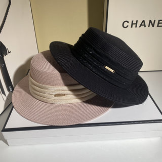 法式仿麻褶皱缎带平顶帽子女夏季防晒草帽海边沙滩帽百搭遮阳帽潮