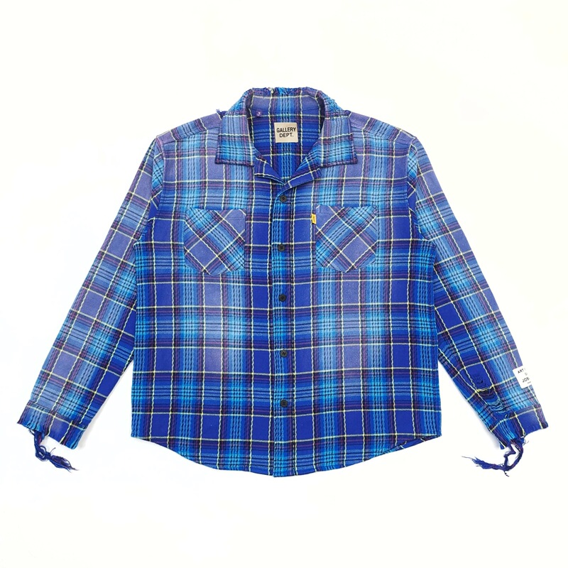 Gallery Dept Washed and Distressed Blue Checkered Shirt with Spray Paint Gallery Dept Washed and Distressed Blue Checkered Shirt with Spray Paint