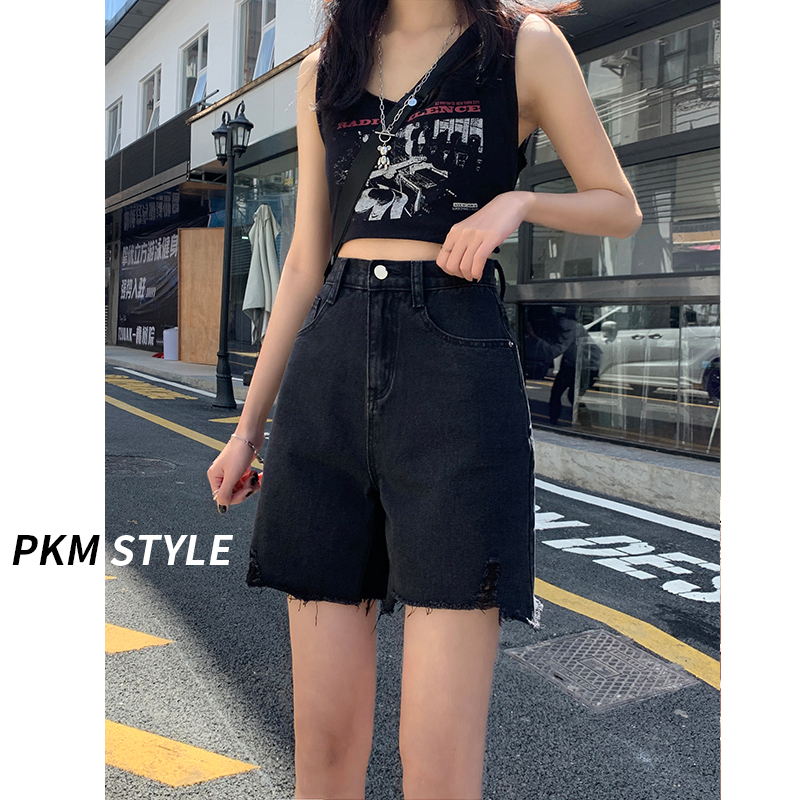 Black High Waist 50% Denim Shorts Women Summer Thin 2022 Summer new loose 100 lap break 50% pants