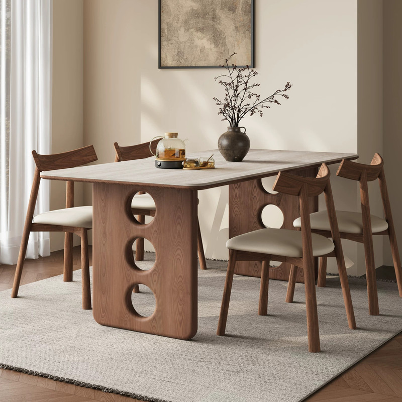 Medieval-Style Cave Stone Slab Dining Table for Small Apartments, Solid Wood Rectangular Dining Table, French Retro Walnut Table and Chairs