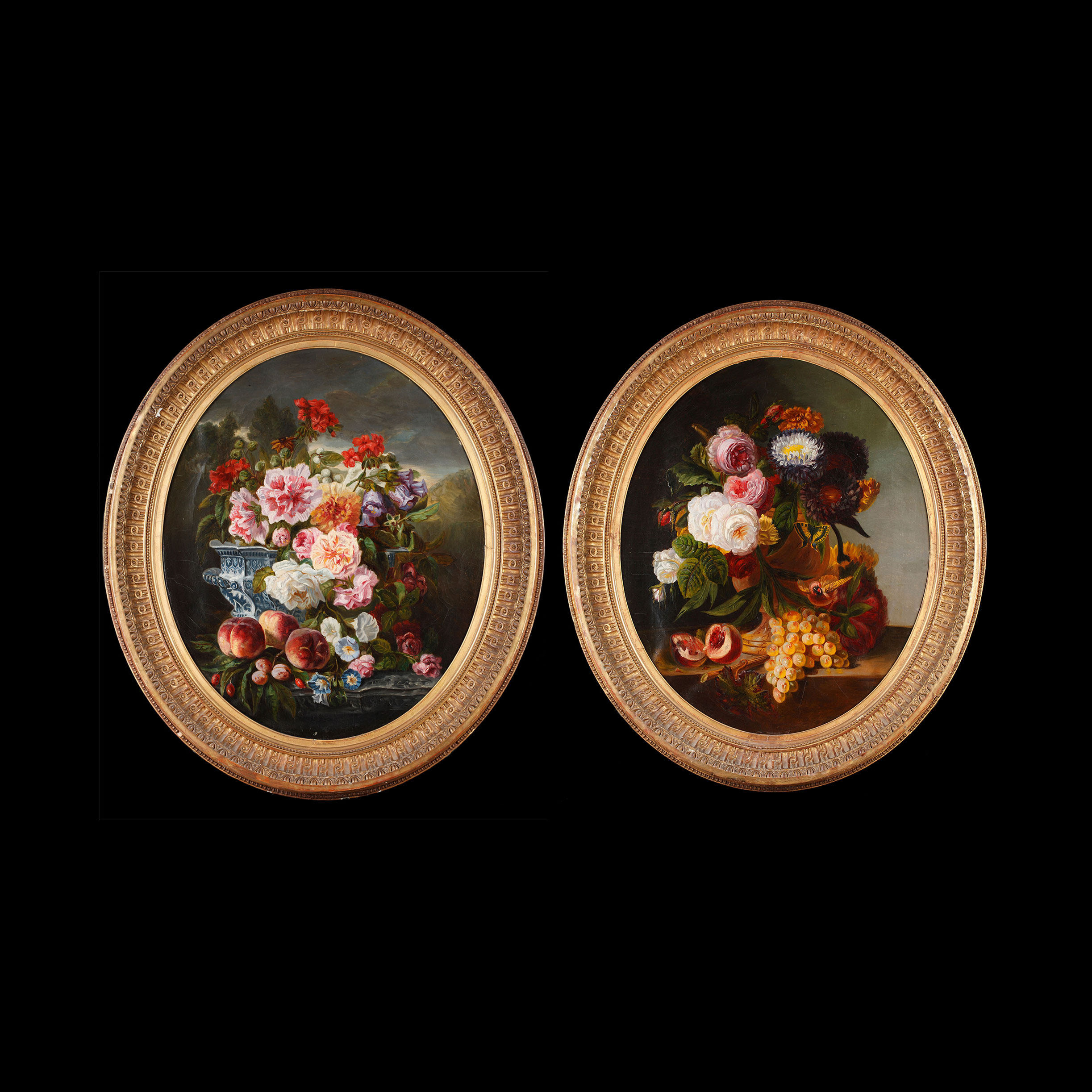 Unicorn Deer Atlantic Antique French Classic Floral Static fabric surface oil painting pair original worthy oval-gold wood frame