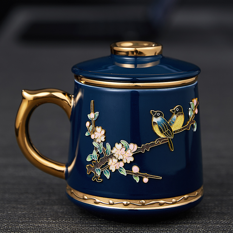 High-end ceramic cup Tai Blue Water cup handmade tea cup men and women Kung fu cup household with cover cup