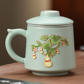 Song Yun Ru Kiln Cloisonné Filter Ceramic Cup with Lid for Home Office Tea and Water Separation Personal Tea Cup