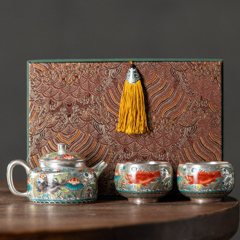Zhou Hongjie silver 999 fish and algae pattern high-end teapot one pot and two cups Kung Fu tea set tea cup set home office