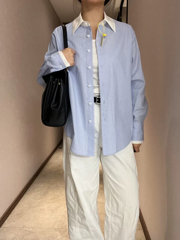 Striped Blue Shirt with Handmade Full Diamond Design
