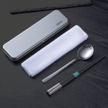 Taiwan Sandman portable Japanese stainless steel tableware chopsticks spoon set Single student two-piece set storage box