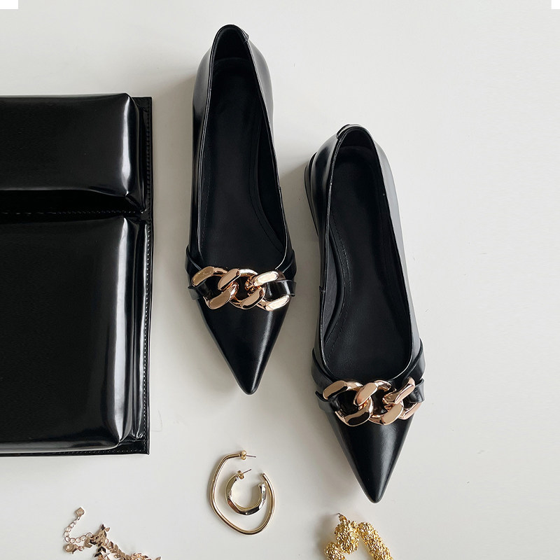 Flat shoes women's soft bottom 2022 autumn style pointed metal buckle all-match work black shallow mouth thick heel low heels - Taobao