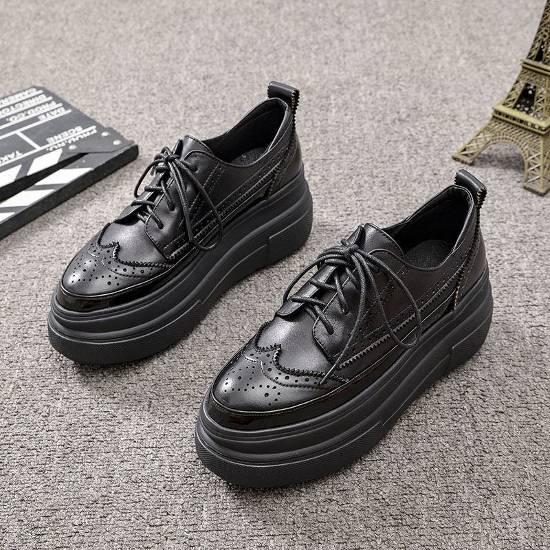 Hong Kong trendy brand black leather platform shoes women's spring thick-soled fashion all-match casual shoes British style retro small leather shoes